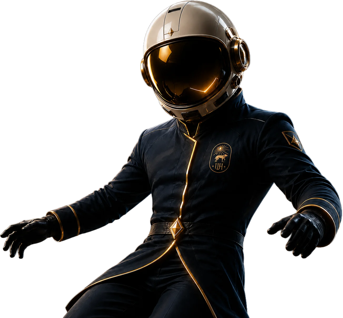 Astronaut in a sleek black suit with golden accents and a reflective helmet, poised in a dynamic stance.