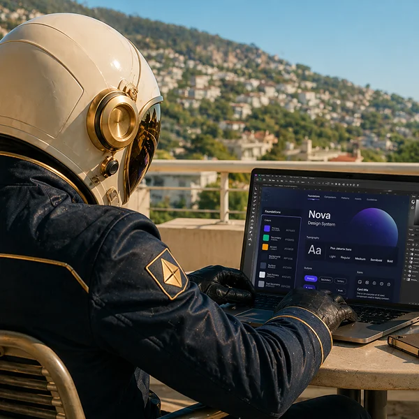 Astro-themed designer working on a laptop outdoors, showcasing a creative design interface with a mountainous backdrop.