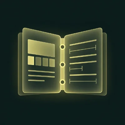 Open book icon representing brand guidelines, featuring layout and text elements.