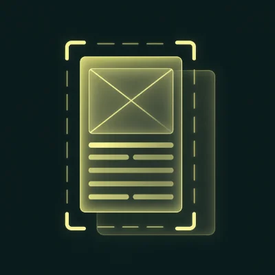 Graphic representing collaborative content development with layered document icons and a dashed outline.