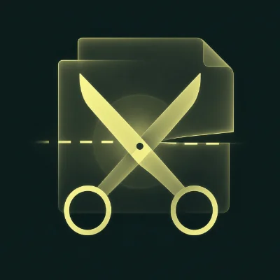 Scissors cutting through stacked documents, representing content audits and refinement processes.
