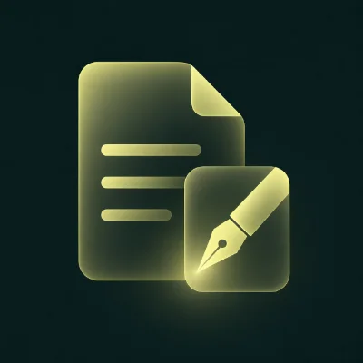 Yellow icons representing copywriting: a document with lines and a fountain pen nib.