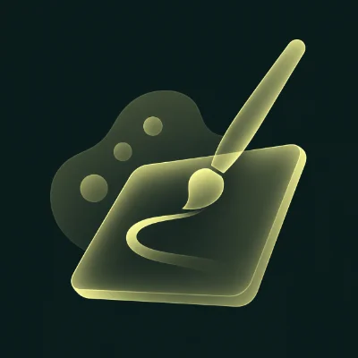 Artistic icon featuring a paintbrush and palette on a dark background.