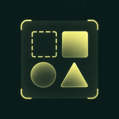 Four geometric shapes: a circle, triangle, square, and dotted square in a grid layout on a dark background.
