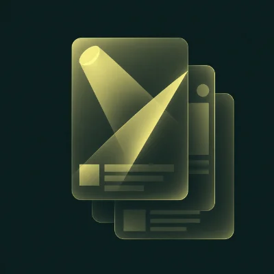 Three translucent cards with spotlight effects and text elements, representing editorial and campaign artwork icons.
