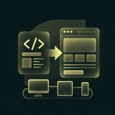 Icons representing the process of frontend development, including code, a web page, and various device screens.