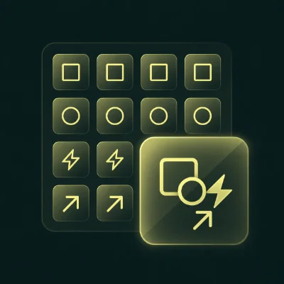 Grid of icon symbols in various shapes and directions, featuring a highlighted icon with a square and lightning bolt.