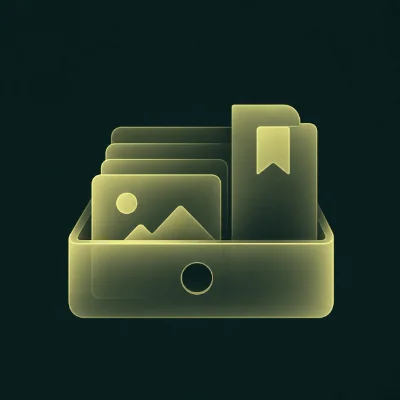 Drawer containing various images and bookmarks, illustrated in a yellow-green color scheme.