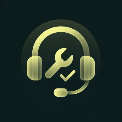 Headset with a wrench and checkmark, symbolizing ongoing support and assistance.