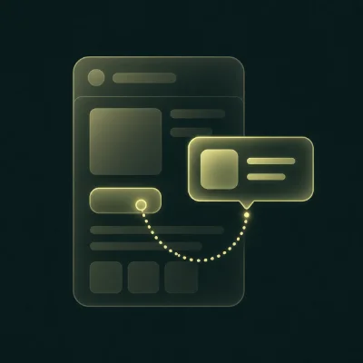 Geometric product interface illustration with chat bubble and highlighted elements on a dark background.