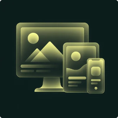 Icons representing responsive design on a desktop, tablet, and smartphone displaying images and information.
