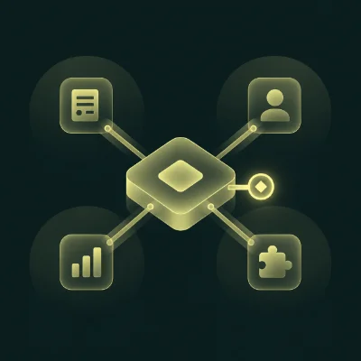 Icons representing third-party integrations connected to a central node, illustrating data flow and interaction.