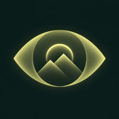 Stylized eye graphic featuring two mountains and a sun, in a yellow-green color scheme on a dark background.