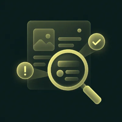 Magnifying glass over a document with alert and check mark icons, representing UX audits and reviews.