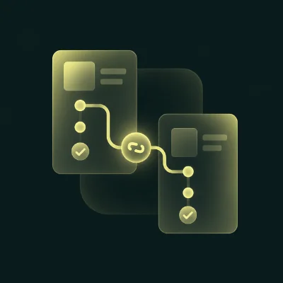 Two translucent cards connected by a line with checkmarks, symbolizing usability-focused collaboration.