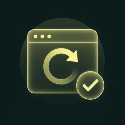 Green browser window icon with a refresh symbol and a checkmark, representing website maintenance and updates.
