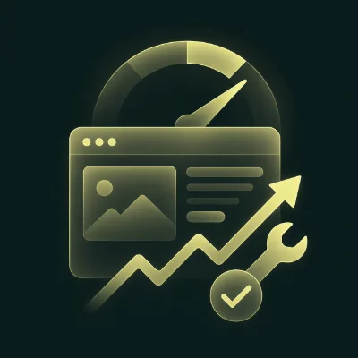 Icon representing website optimization, featuring a screen, graph, speedometer, and tools.