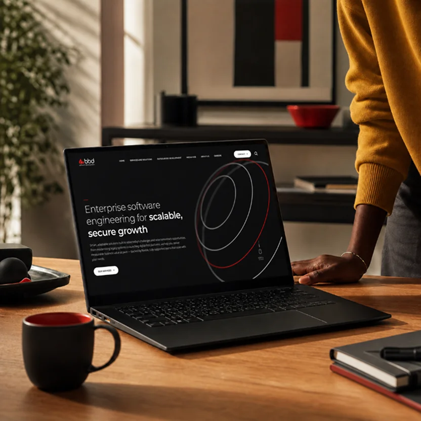Laptop on a table displaying a software engineering website, with a person leaning on the table beside a coffee cup.