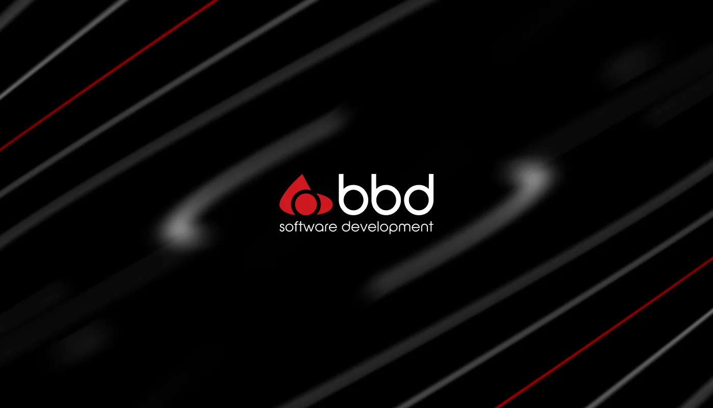 Logo of BBD with text "software development" on a black background with abstract red and white lines.