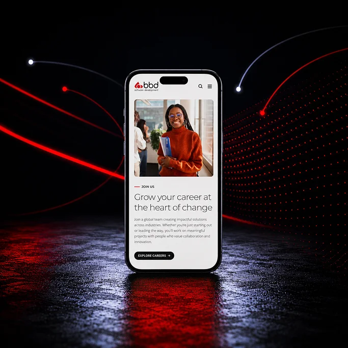 A smartphone displaying a career growth webpage with a smiling woman in an orange sweater and a dark background.