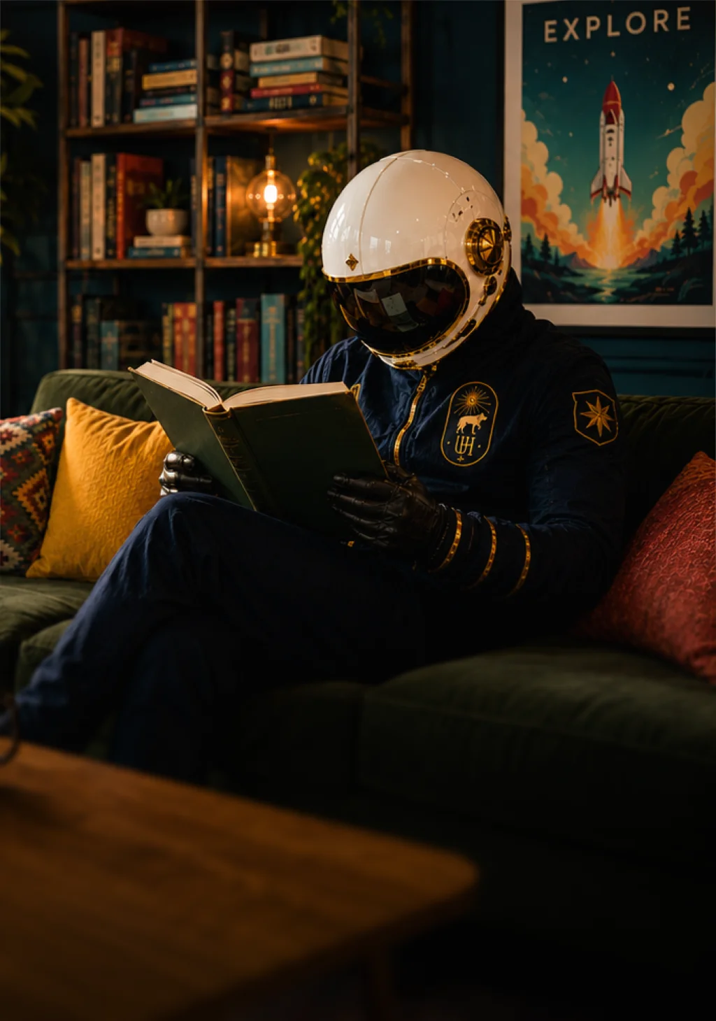 A person in a space suit and helmet reading a book while sitting on a couch in a cozy, well-decorated room.
