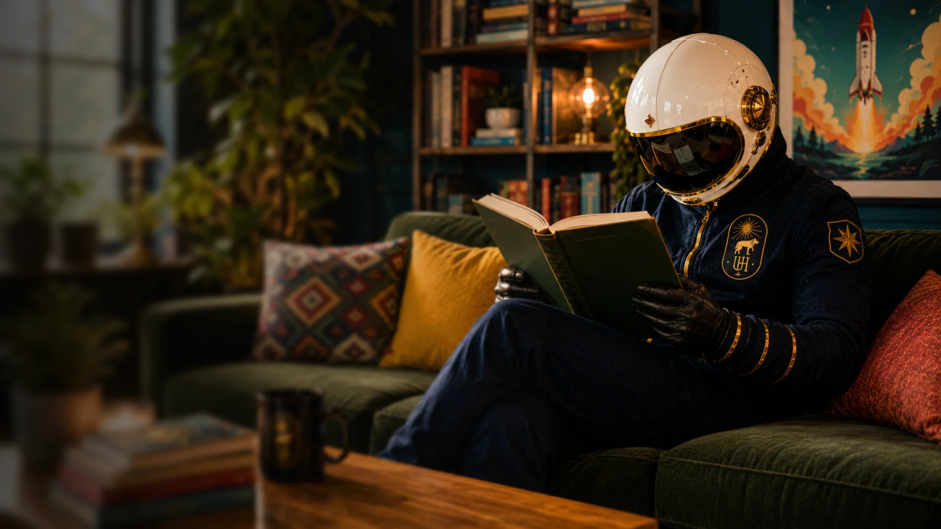 A person in a space suit and helmet reading a book while sitting on a couch in a cozy, well-decorated room.