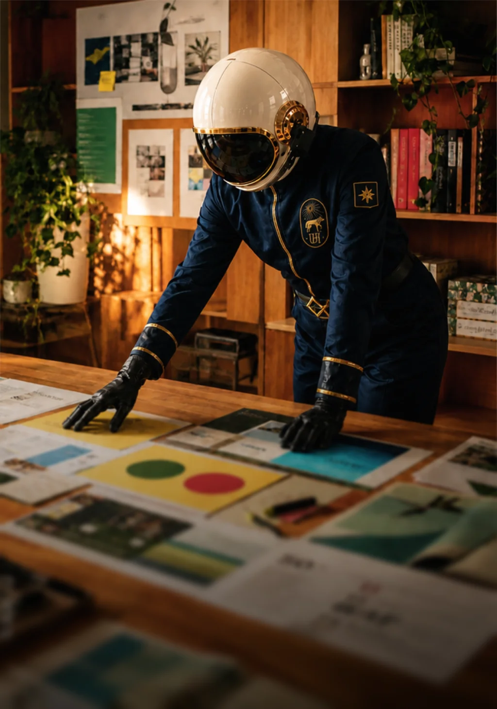 An astronaut in a blue suit examines printed designs on a table, surrounded by plants and wall art.