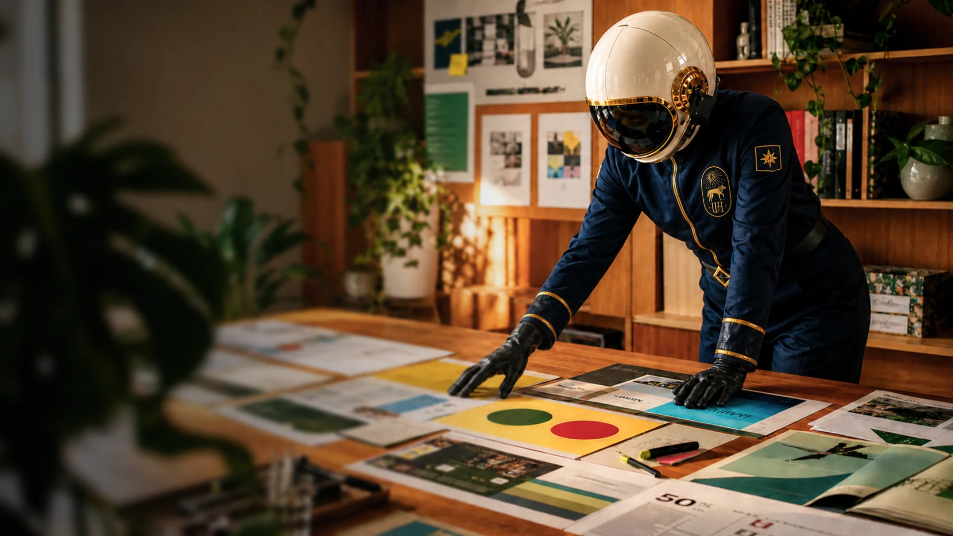 An astronaut in a blue suit examines printed designs on a table, surrounded by plants and wall art.