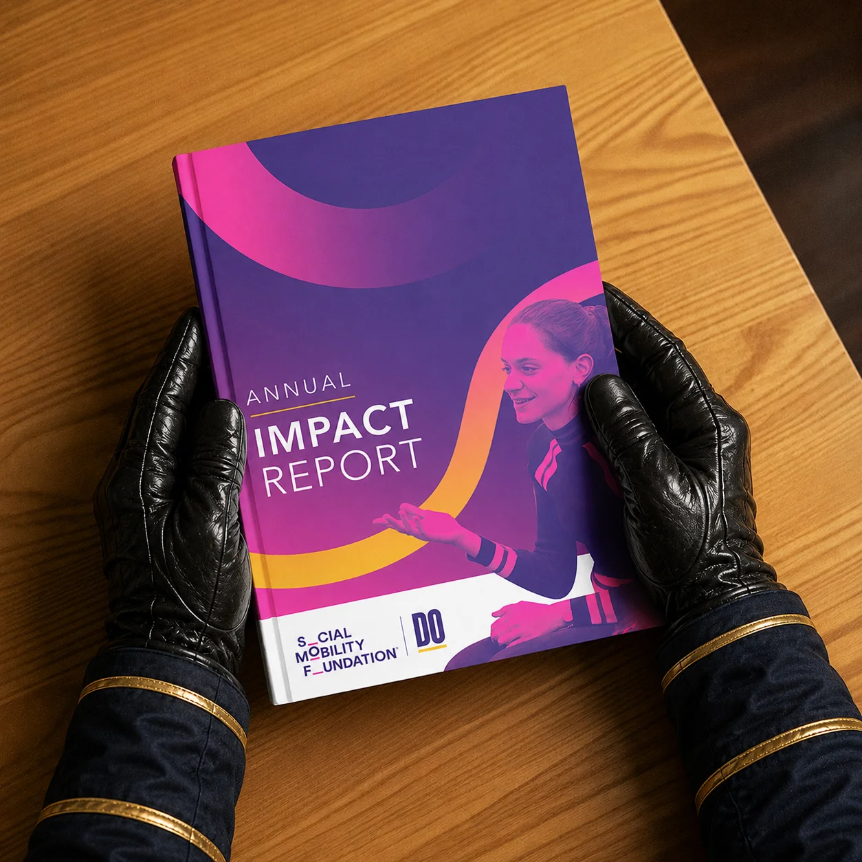 Hands in black gloves hold a colorful "Annual Impact Report" booklet on a wooden table.