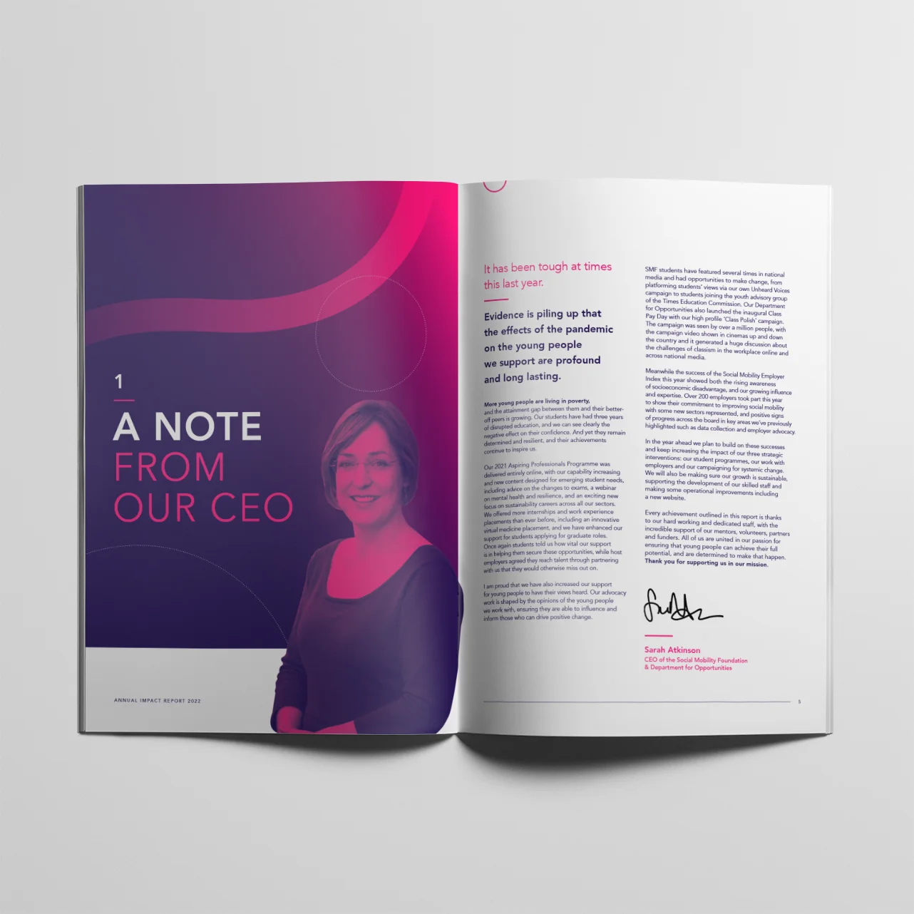 CEO message on a magazine page with text and a portrait of a woman.