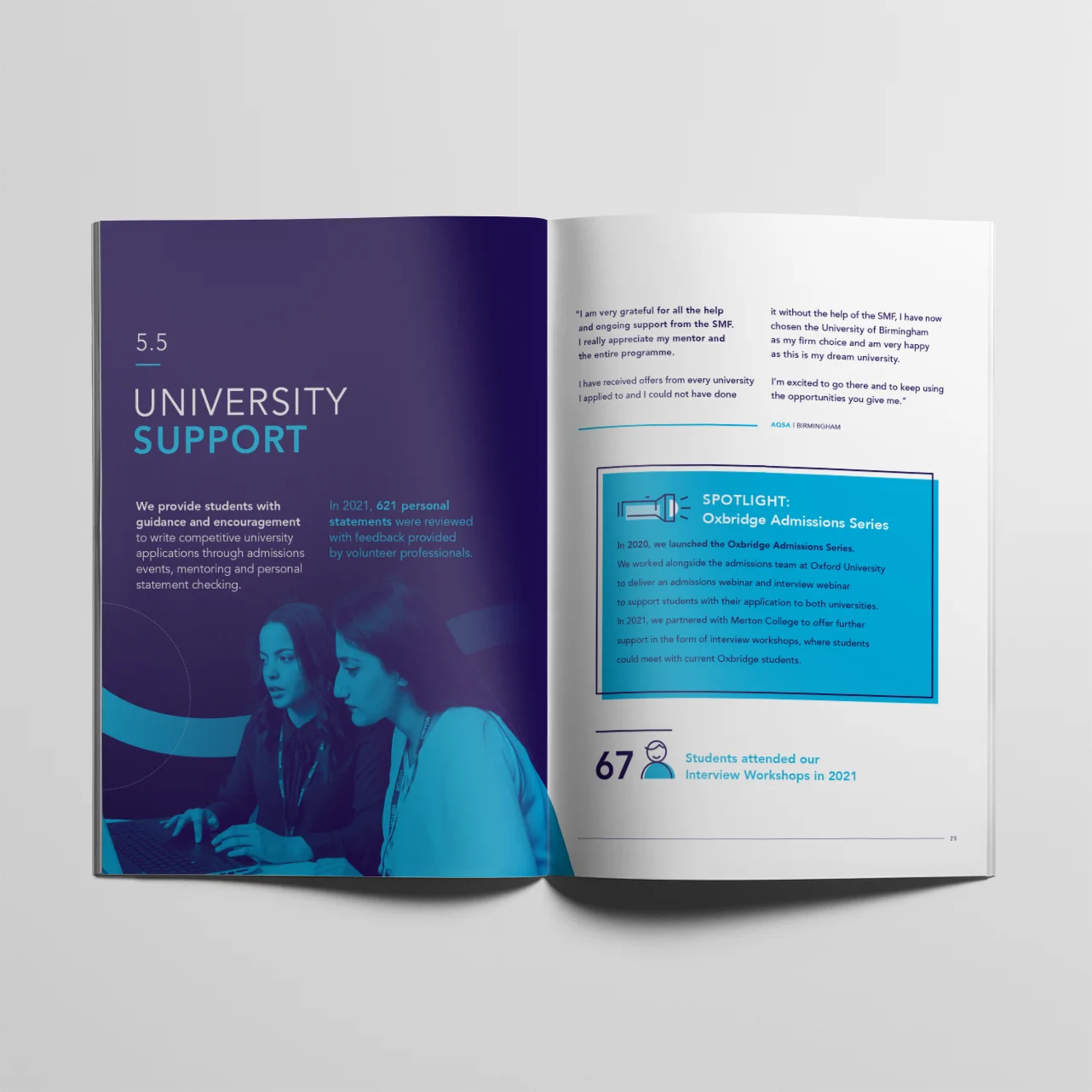Open magazine spread discussing "University Support," featuring text and a statistics box on student engagement.