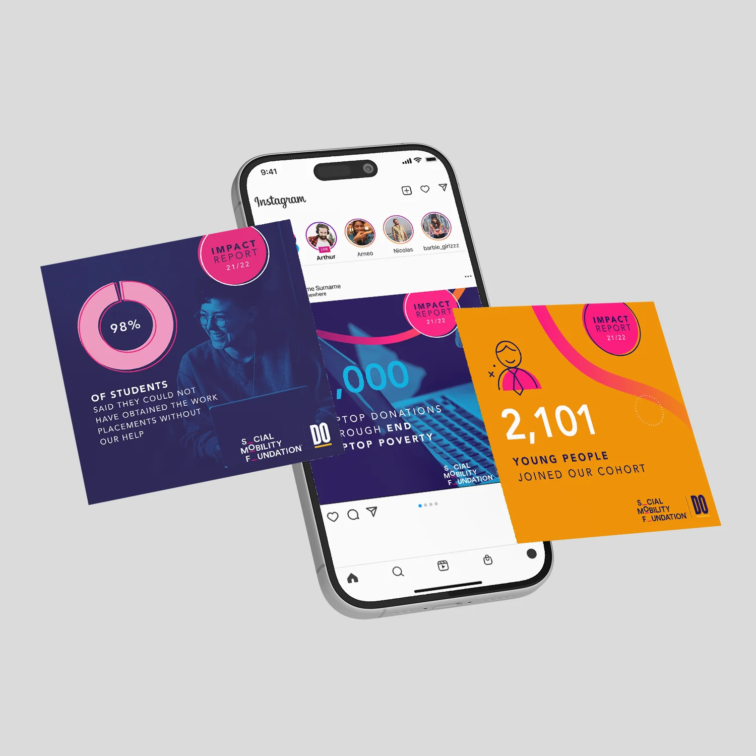 Smartphone displaying Instagram posts with statistics about student engagement and youth participation.