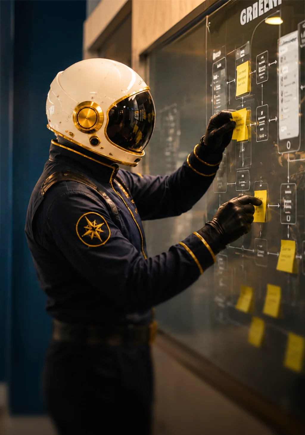 Astronaut in a suit writing on a transparent board with sticky notes in a modern office setting.