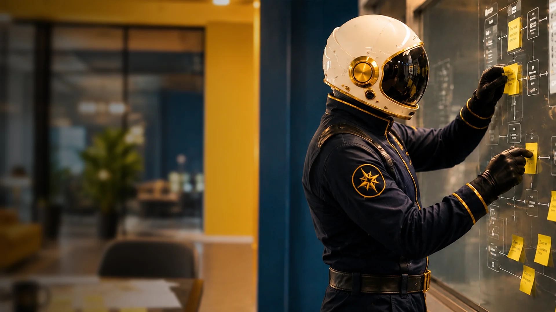 Astronaut in a suit writing on a transparent board with sticky notes in a modern office setting.