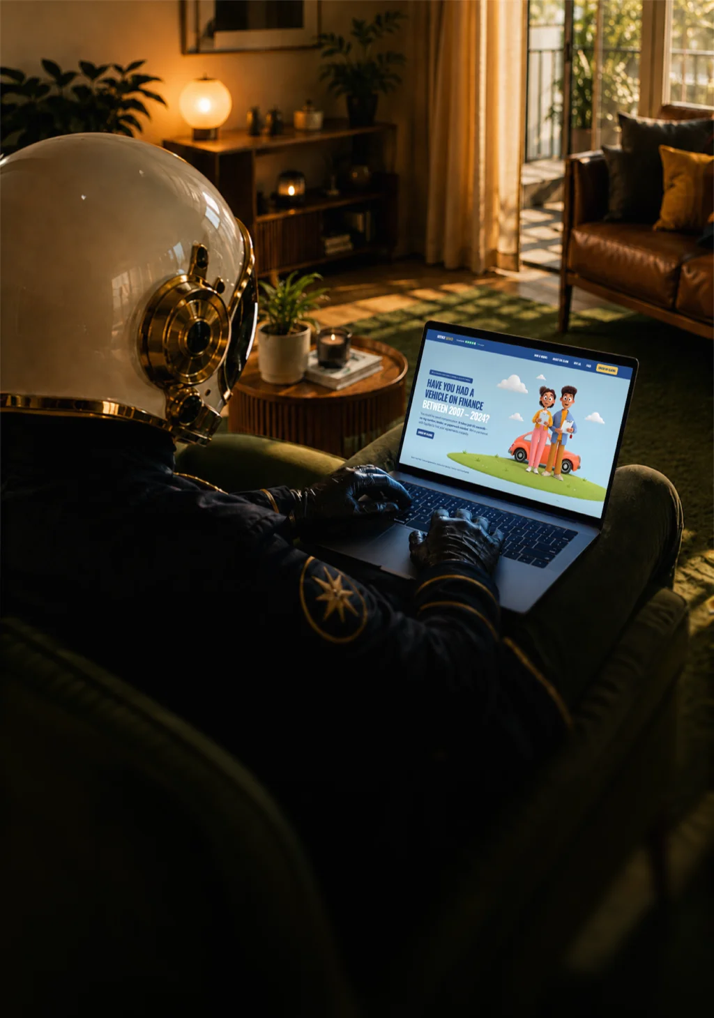 An astronaut using a laptop displaying a colorful web design on a cozy living room couch.
