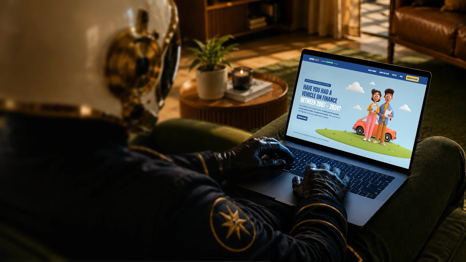 An astronaut using a laptop displaying a colorful web design on a cozy living room couch.