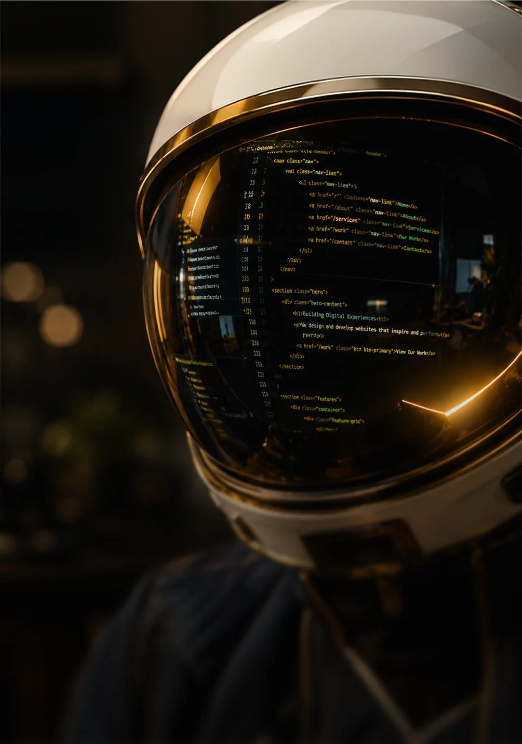 Astronaut helmet reflecting code on the visor with screens and ambient lighting in the background.