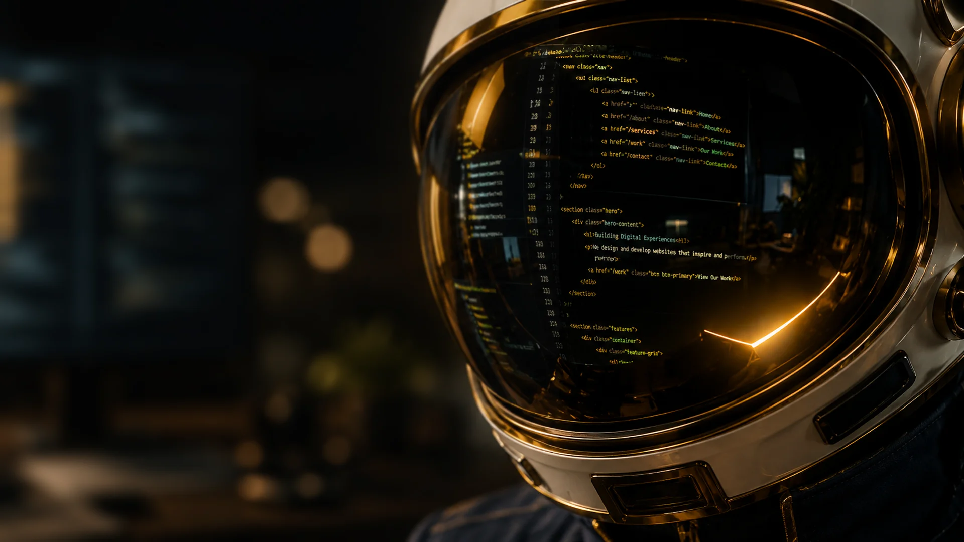 Astronaut helmet reflecting code on the visor with screens and ambient lighting in the background.