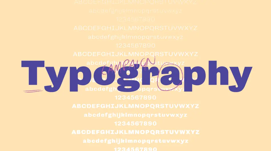 Typography in bold purple text against a light orange background, with various letters and words faintly visible.