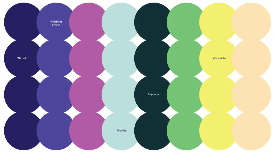 Color palette featuring various shades with labels, arranged in a repeating circular pattern.