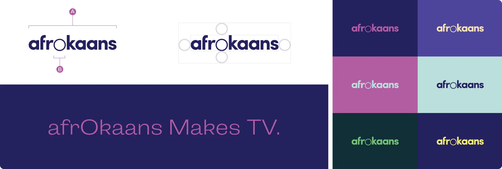 Logos and color variations for "afrokaans" branding, including the tagline "afrOkaans Makes TV.