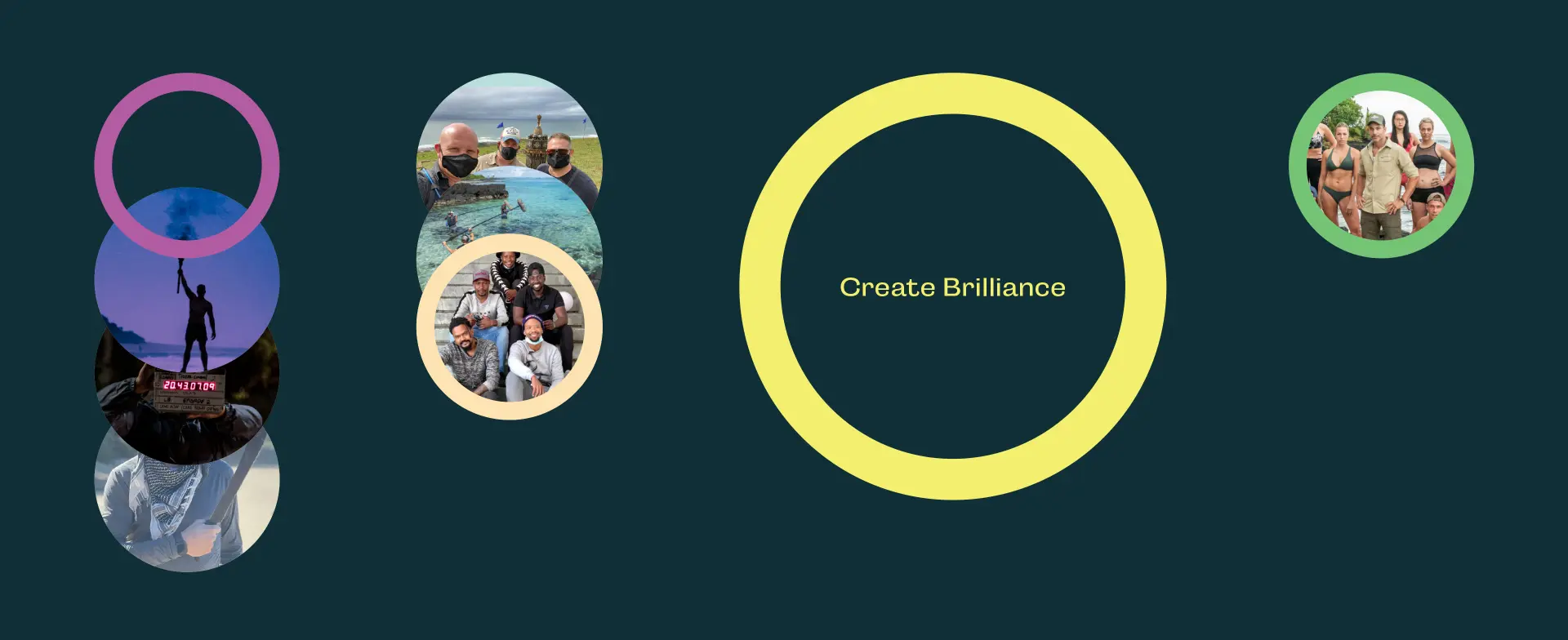 Circles in varying colors with images inside, and the text "Cresato Brilliance" centered in a prominent yellow circle.