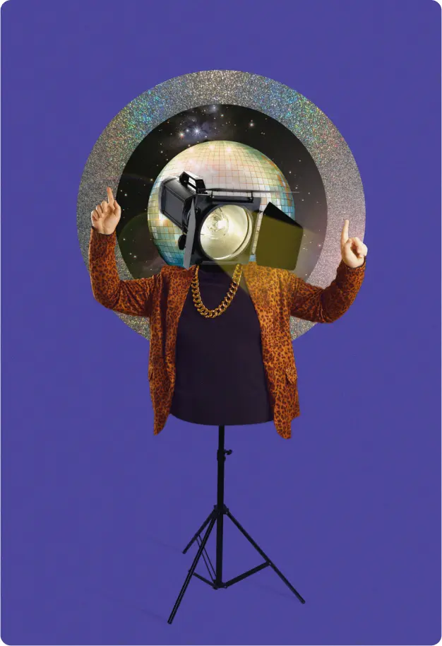 Person in a patterned outfit stands on a tripod, head replaced by a camera and colorful abstract elements.