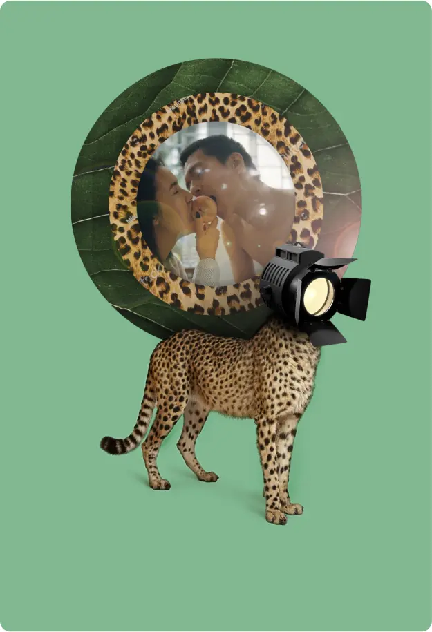 Cheetah standing with a photo frame depicting a couple, framed by a leopard-print circle, on a green background.