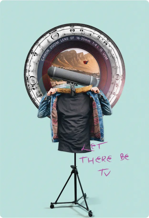 A mannequin holding a large circular object with a mountain scene, wearing a colorful jacket; text reads "LET THERE BE TV.
