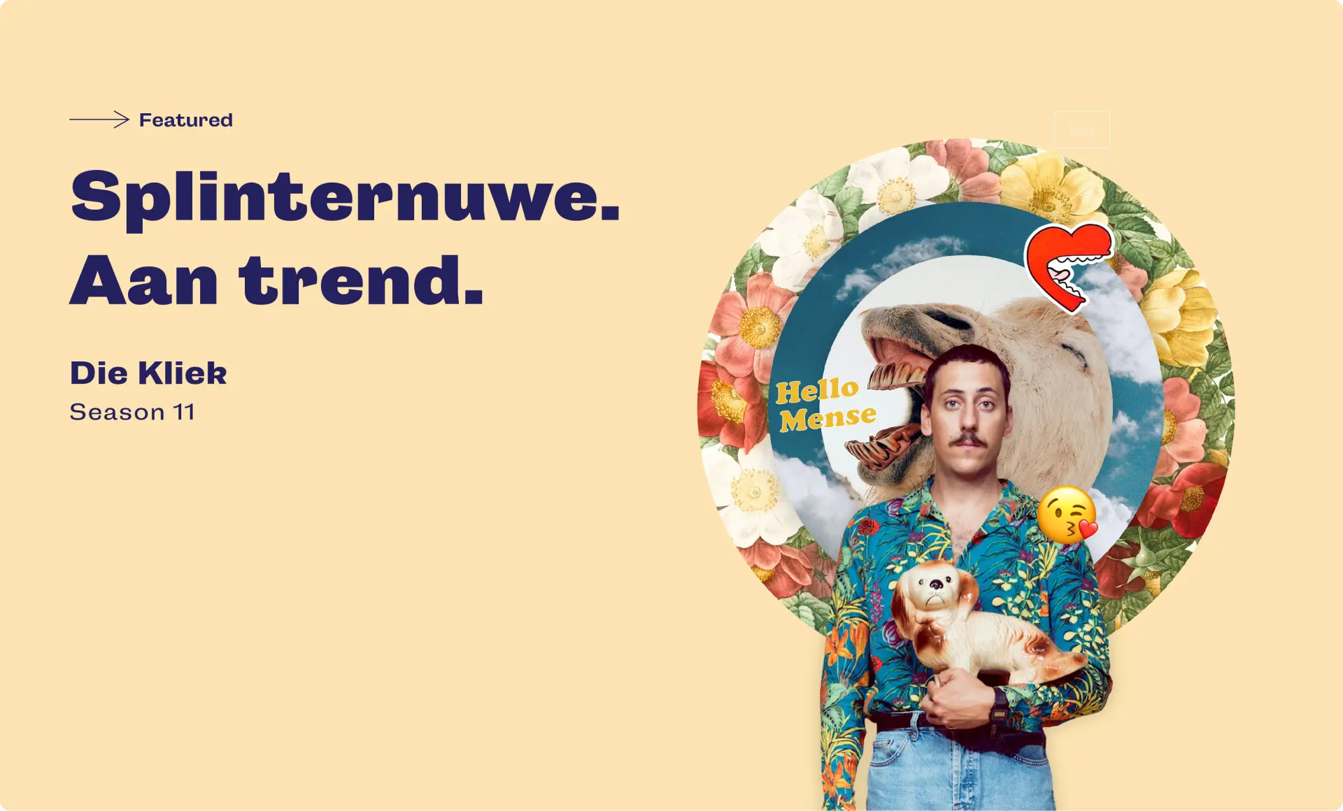 A man in a colorful shirt stands in front of a floral background, promoting "Die Kileh" Season 11.