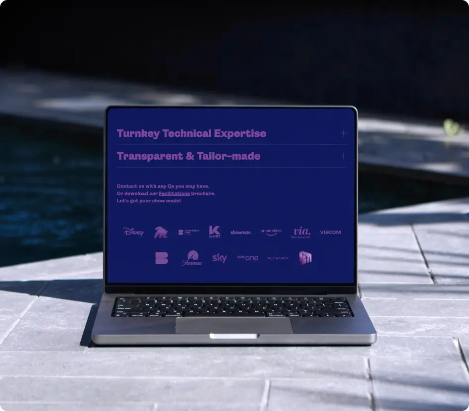 Laptop displaying "Turkey Technical Expertise" with logos on a sunlit patio by a pool.