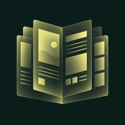 Stylized graphic of layered brochures, representing brochure and editorial design concepts.