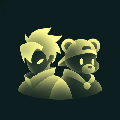 Two stylized characters: a hooded figure and a cute bear wearing a cap, against a dark background.