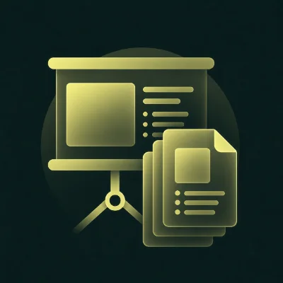 Presentation screen and stacked documents icons in a gold color scheme on a dark background.